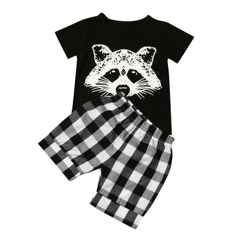 Shorts & Tee Set - Plaid & Raccoon Print (Toddler Children Kids)